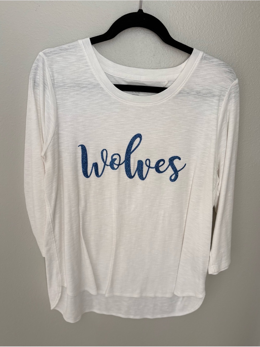 White Long Sleeve Top with custom sparkly Blue "Wolves" Script